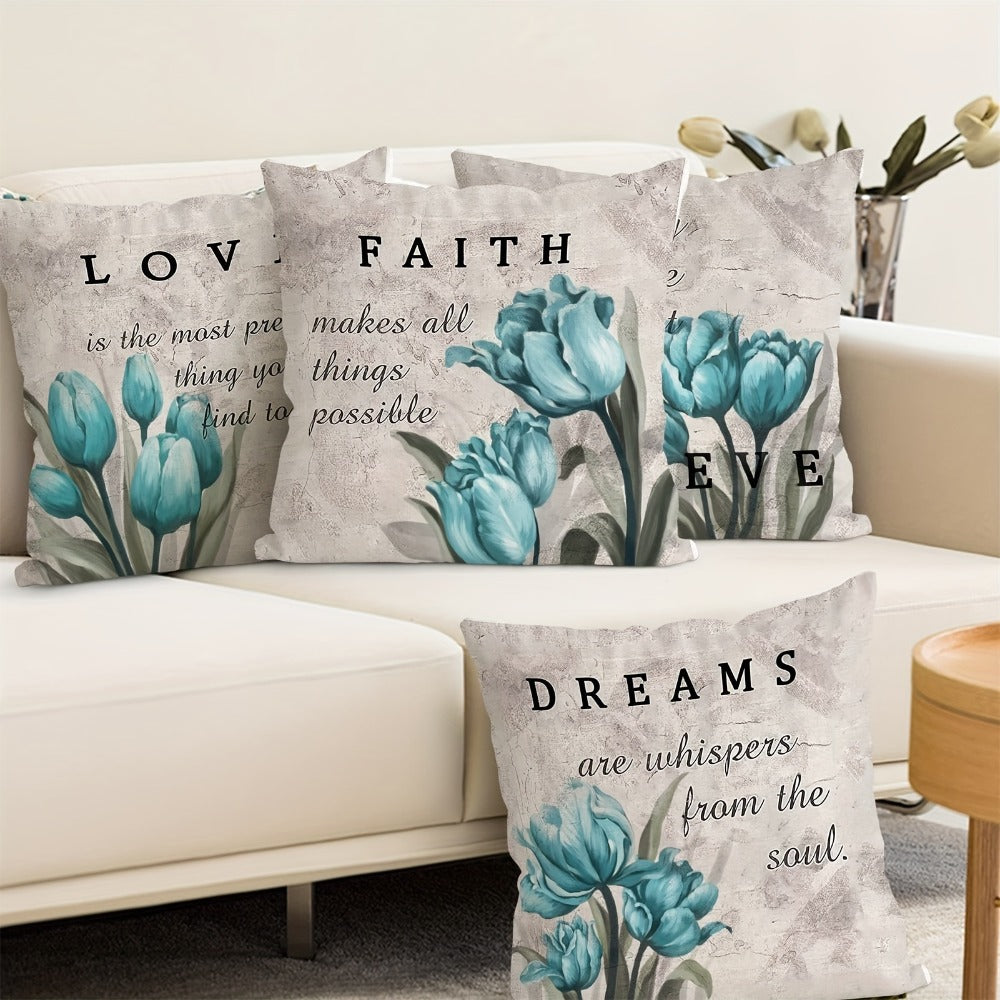 Teal Tulip Throw Pillow Covers 4 Pack Floral Farmhouse Decorative Cushion Covers for Sofa Couch Bed Patio Outdoor Living Room 18x18 Inch Zipper Closure Machine Washable