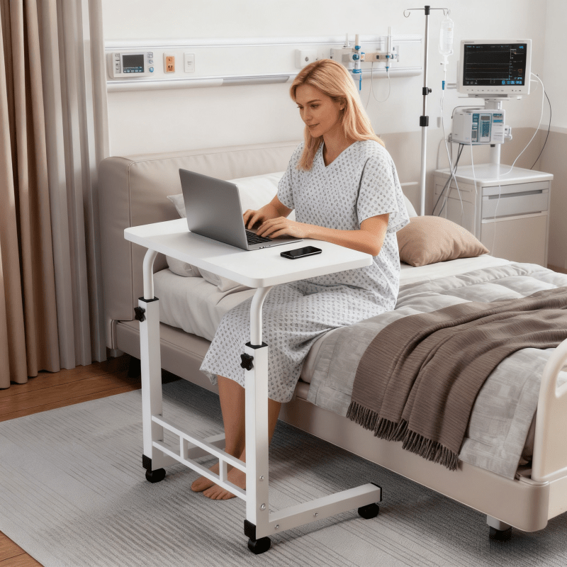 Adjustable Height Rolling Overbed Nursing Table 3-Layer Shelves Heavy Duty Bedside Tray for Elderly Patient Home Hospital Rehabilitation Care Laptop Desk 8 Colors Space Saving