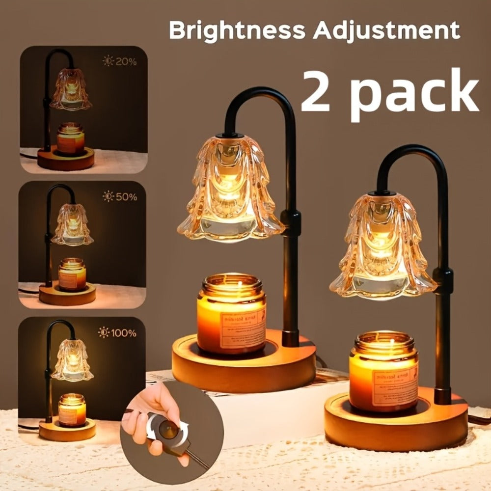 Candle Warmer Lamp 2 Pack with Dimmer and 12H Timer Adjustable Height Brightness Wood Base LED Wax Melt Warmer Flameless Candle Lamp for Home Decor Bedroom Living Room Gift for Mom Wife Friends