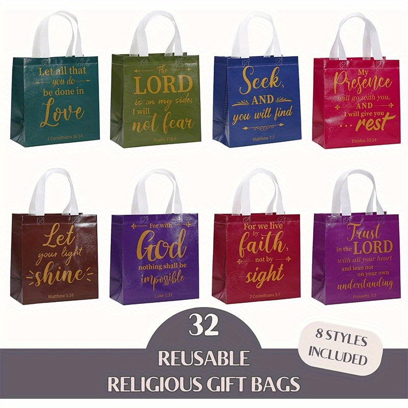 Bible Verse Gift Bags Bulk 32 or 64pcs | 8 Colors Reusable Christian Religious Gift Bags with Handles for Women | Medium Non-Woven Church Bags for Baptism, Wedding, Party Supplies, VBS, Faith Events