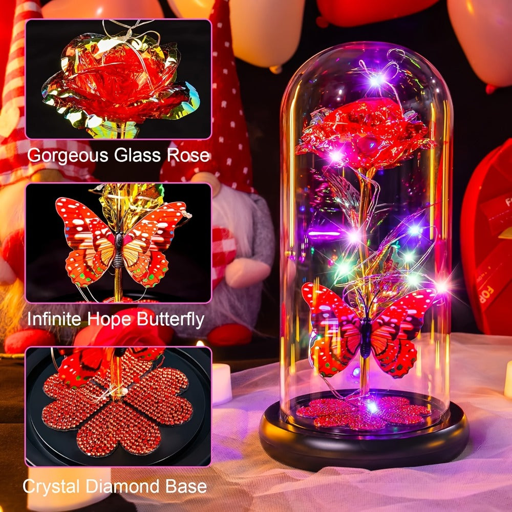 Glass Rose Crystal Flower in Glass Dome with LED Glow - Eternal Galaxy Rose Gift for Women, Mom, Wife, Daughter, Birthday Valentine's Day Mother's Day Gift, Butterfly Decor