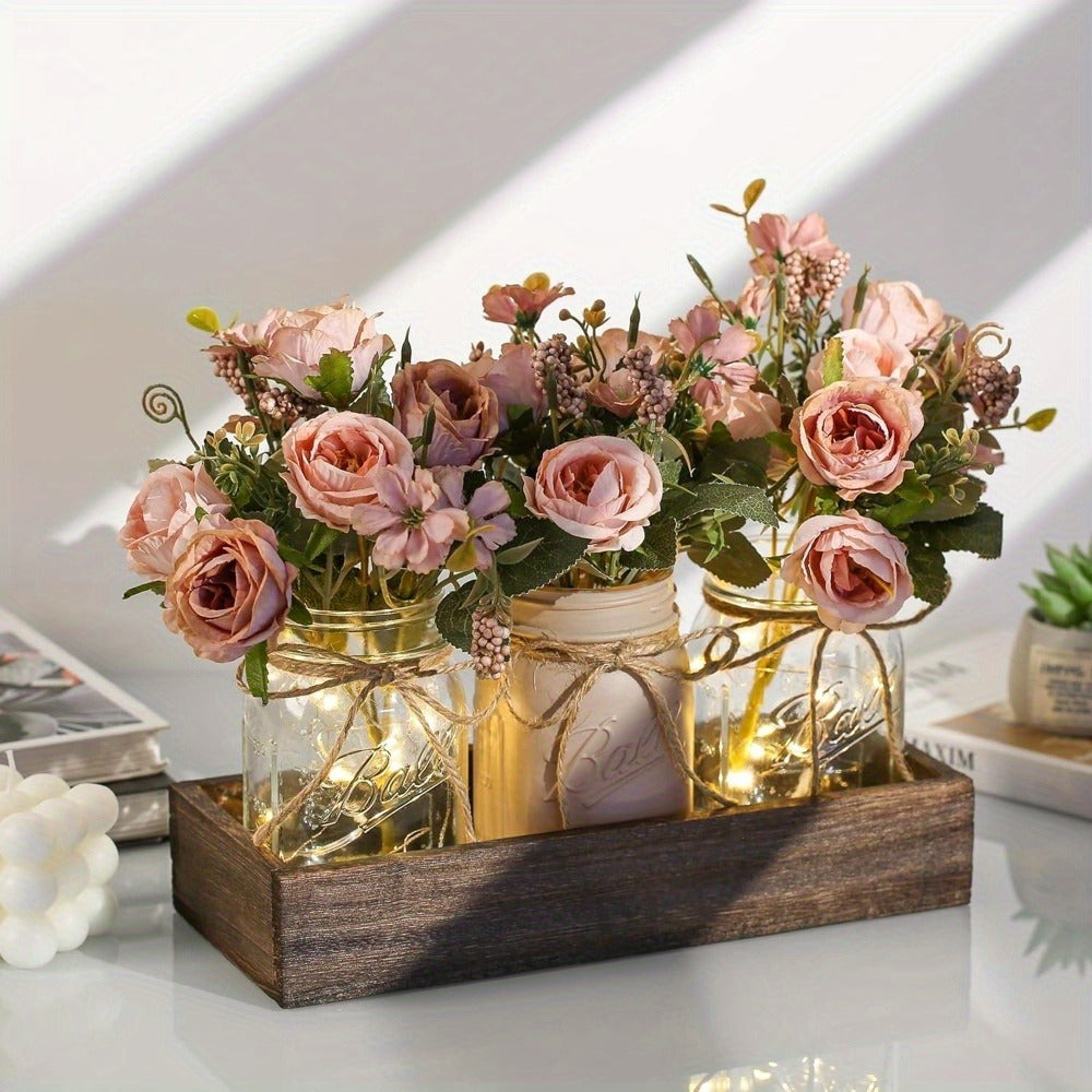 Mason Jar Centerpiece Table Decorations with Wood Tray & LED Lights ¨C 3-Piece Farmhouse Decor Set for Dining Room, Kitchen, Living Room & Bathroom | Holiday Home Decor Gift