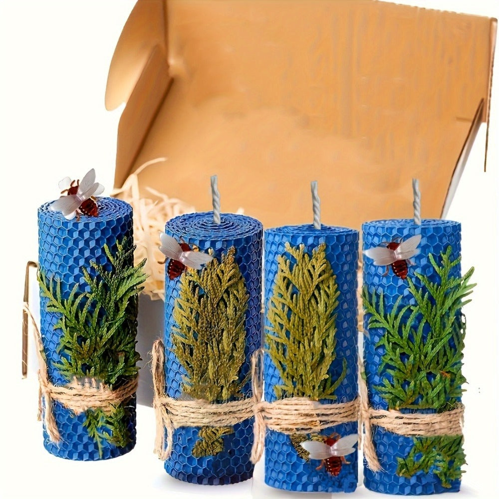 Beeswax Pillar Candles Hand Rolled with Honeycomb Texture ¨C 100% Pure Beeswax, 12+ Hour Burn, Gift Box Set for Home Decor, Christmas, Dinner & Holiday Decorations