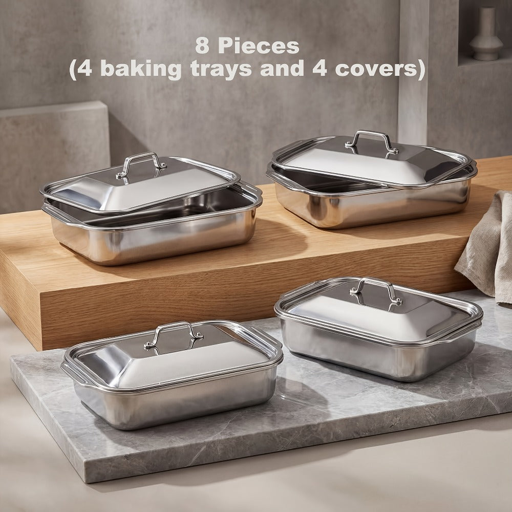 Stainless Steel Baking Sheet Pan Set with Lids, Heavy Duty Nonstick Oven Trays & Roasting Pans for Baking Bread Desserts Seafood, Thickened Rectangular Baking Pans, 4pcs / 8pcs / Extra Large Deep Dish