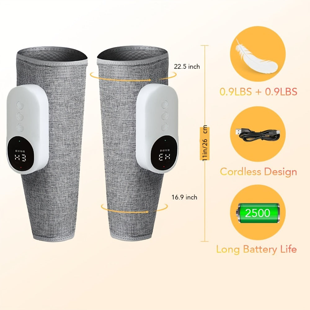Compression Leg Massager Rechargeable - 2000mAh USB Portable Calf Thigh Knee Massager with 3 Intensity Levels 3 Temperature Settings for Circulation Pain Relief Recovery Holiday Gift Grey