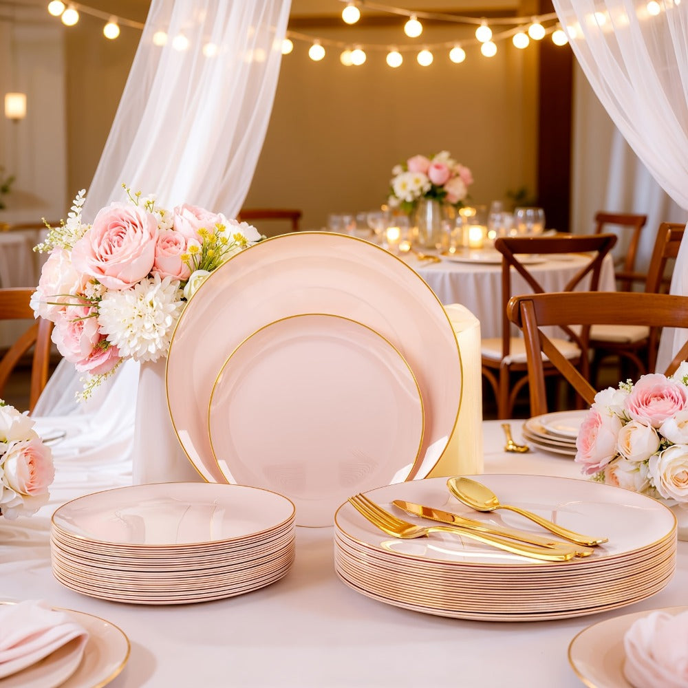 Disposable Plastic Plates Set 50 Piece - Pink Gold Rim Party Tableware with Dinner Plates, Dessert Plates & Utensils for Birthday Wedding Holiday