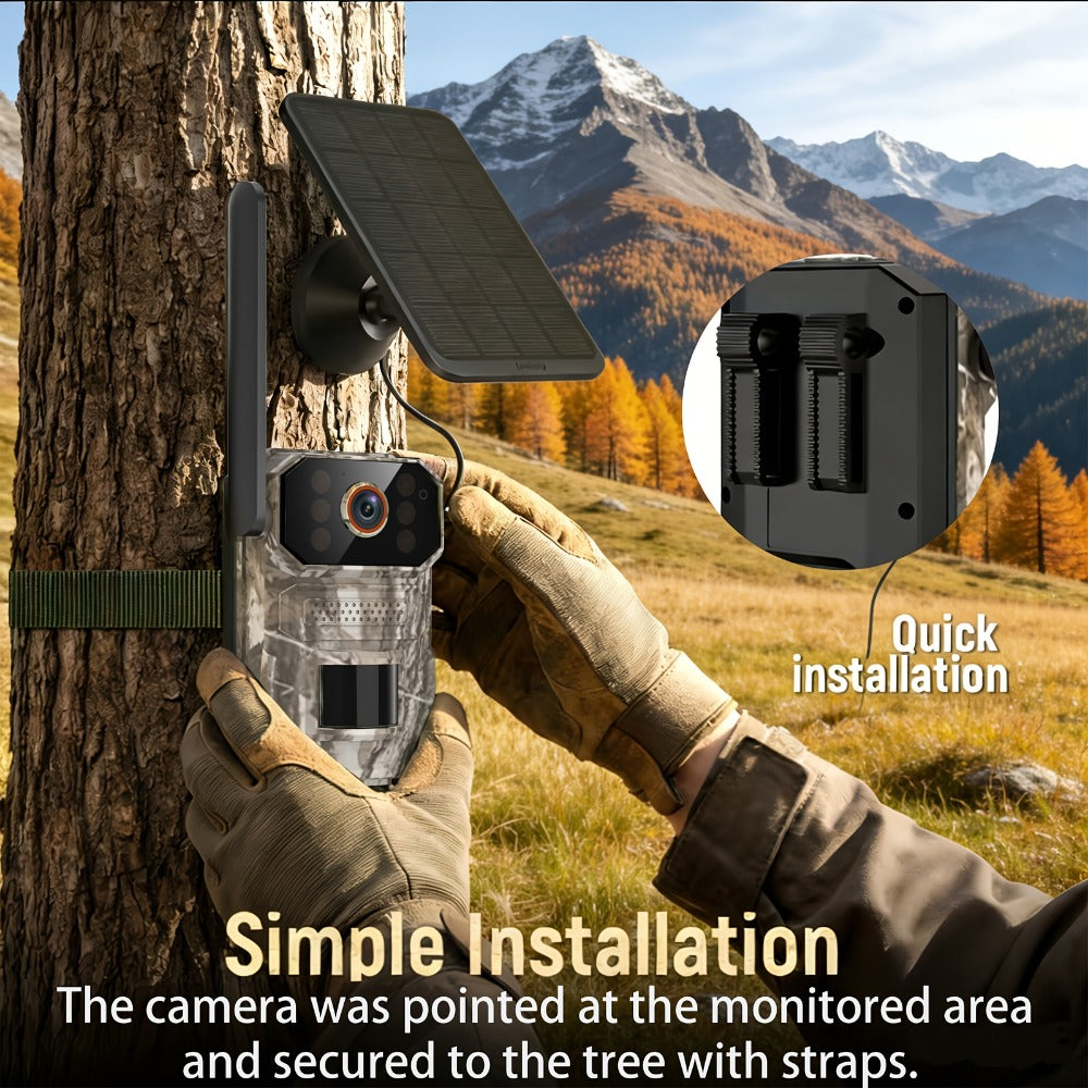 4G LTE Cellular Trail Camera with Solar Panel ¨C 4K Wildlife Monitoring Camera, PIR Motion Sensor, Infrared Night Vision, Two-Way Voice, Remote Access, No WiFi Required, for Hunting & Security (Camo/Brown)