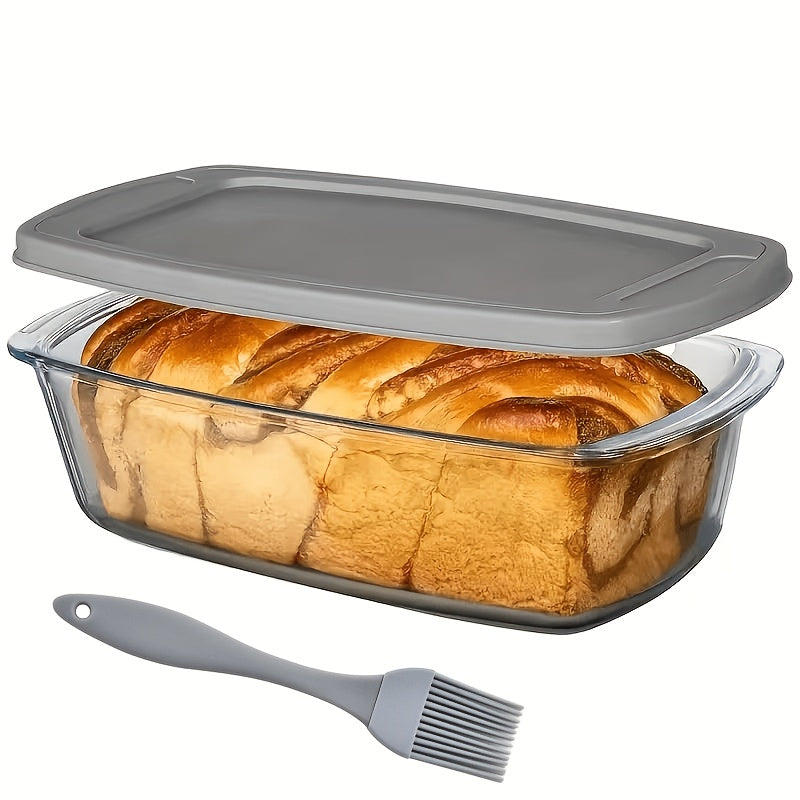Glass Baking Dish with Lid, 1.9 Qt Rectangular Glass Loaf Pan with Handles, Oven & Microwave Safe Airtight Food Storage Container, Stackable Glass Bread Pan for Baking Bread Cakes, with Silicone Brush