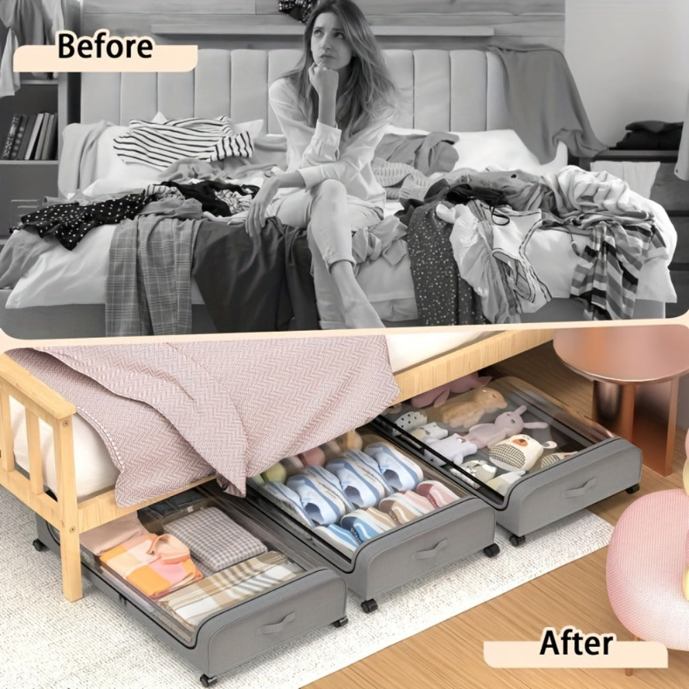 Under Bed Storage Organizer with Wheels & Lid - Metal Rolling Bins for Clothes Bedding Shoes Blankets Books (2pcs)