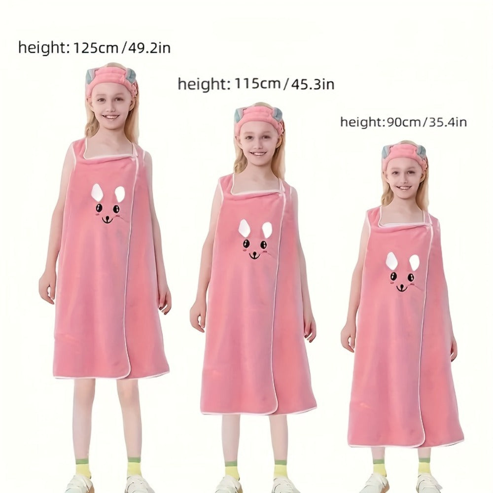Bunny Ears Bath Towel Wrap for Girls - 250GSM Microfiber Cartoon Bath Skirt, Cute Kawaii Robe for Ages 6-12, Rose Red Purple Pink Blue, Fun Birthday Gift