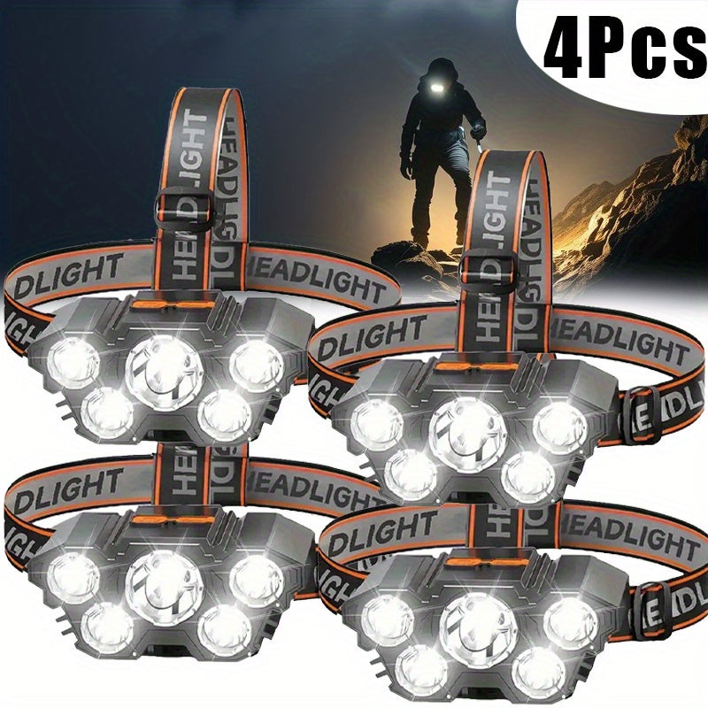 LED Headlamp 4pcs Set - Rechargeable Outdoor Headlamps with 4-Speed Dimming Adjustable Angle IP44 Waterproof Hands-Free Flashlight for Camping Hiking Fishing Mountain Climbing Emergency Use ABS