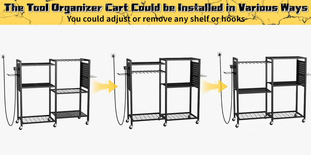 Mobile Tool Cart with Charging Station ¨C 12 Drill Holders & 5 Storage Shelves Power Tool Organizer | Rolling Utility Rack Toolbox with Battery Charging Power Strip for Garage & Workshop | 4 Colors