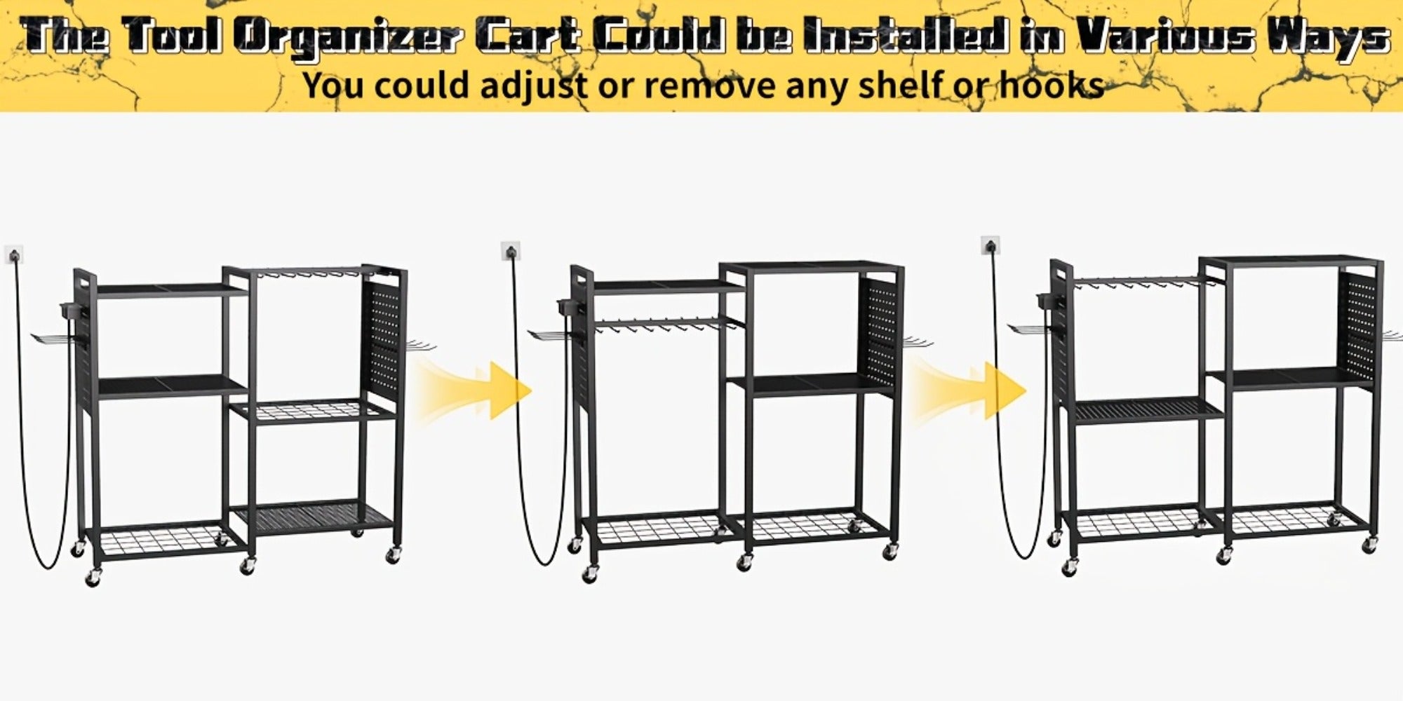 Mobile Tool Cart with Charging Station ¨C 12 Drill Holders & 5 Storage Shelves Power Tool Organizer | Rolling Utility Rack Toolbox with Battery Charging Power Strip for Garage & Workshop | 4 Colors