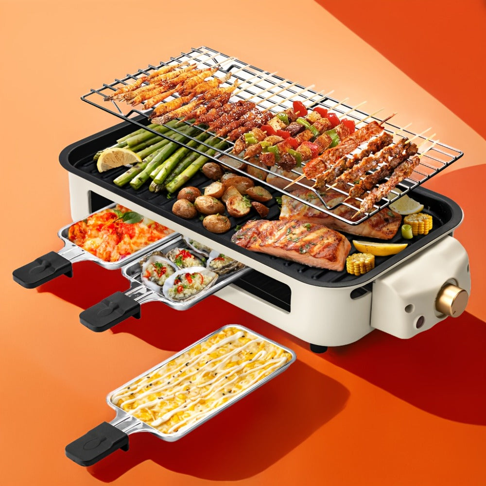 Indoor Electric Smokeless Grill 1500W ¨C Raclette Table Grill with 3 Mini Pans, 16x9¡± Non-Stick Detachable Plate, Dishwasher Safe, Portable for Home Kitchen