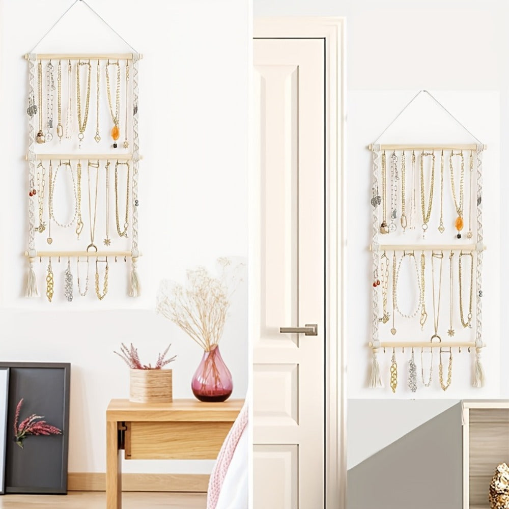 Boho Jewelry Organizer Wall Mount Hanging Rack Hand Woven Tassel Necklace Earring Bracelet Holder 30 Hooks Bedroom Decor Display Stand