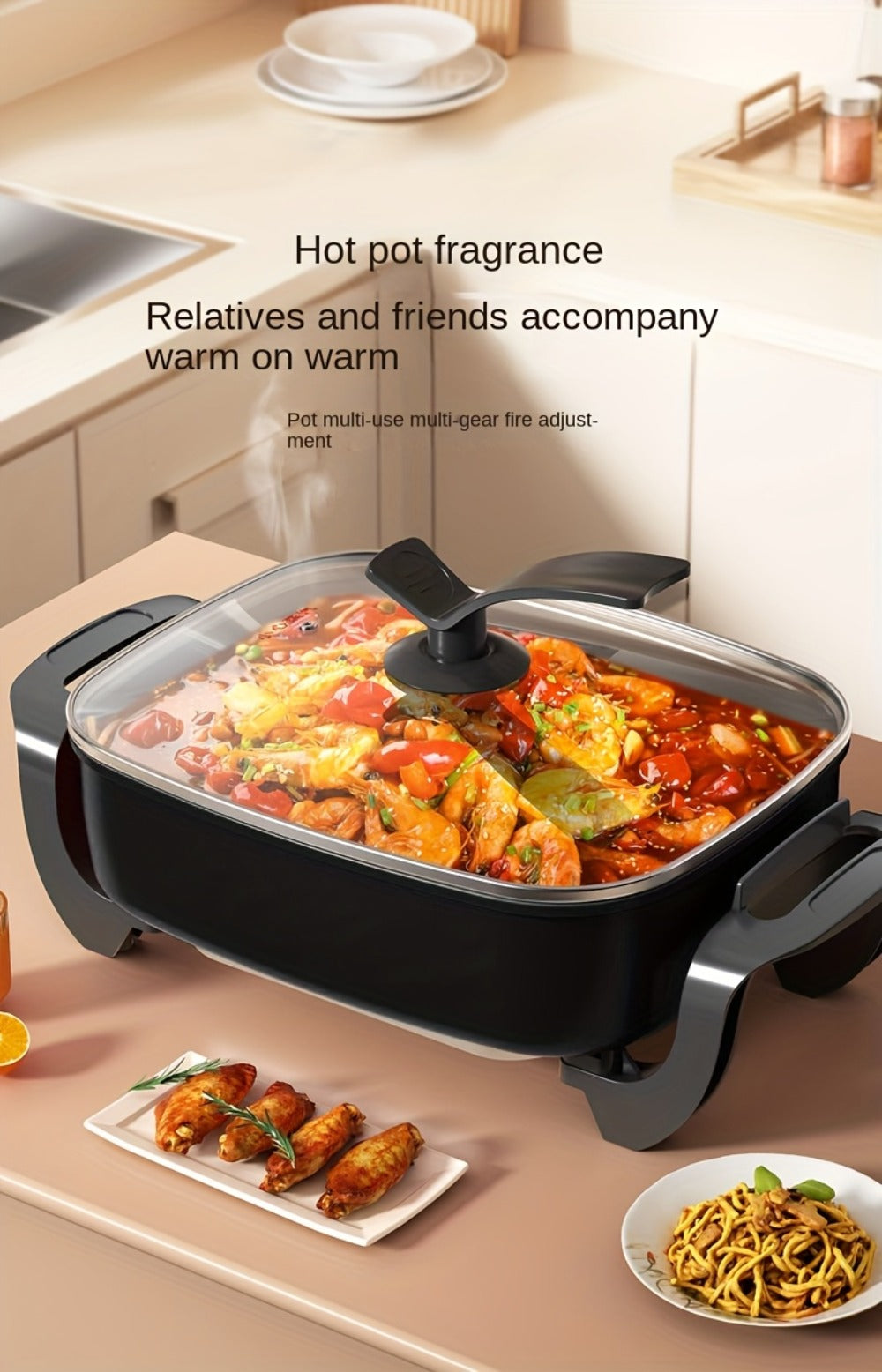 Electric Ceramic Non-Stick Pot 12x12 Inch 1500W Square Skillet with Glass Lid Adjustable Temperature Frying Baking Steaming Boiling Easy Clean Home Kitchen Cookware