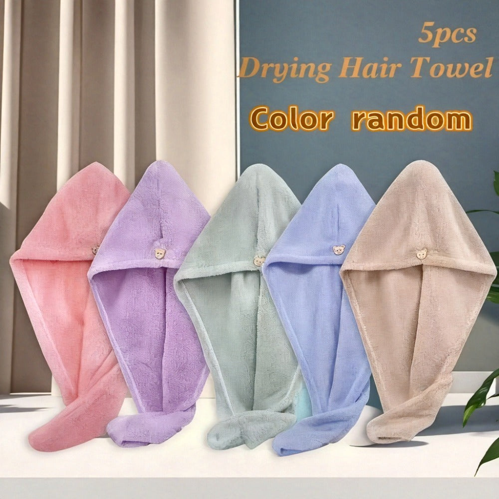 Microfiber Hair Towels 5 Pack - Quick Dry Super Absorbent Coral Fleece Hair Wrap Towel Set, Soft Lightweight Bathroom Hair Drying Towels, Random Color