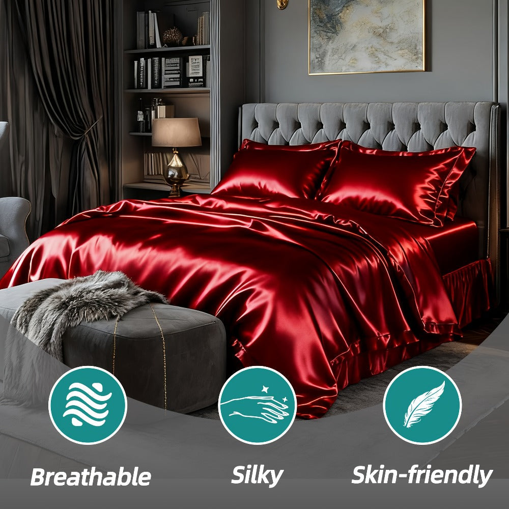 Satin Fitted Sheet Set with Pillowcases ¨C Cooling Smooth Breathable Wrinkle-Resistant Bed Sheets, Machine Washable Ultra Soft for Hot Sleepers, Twin Full Queen King, Multiple Colors