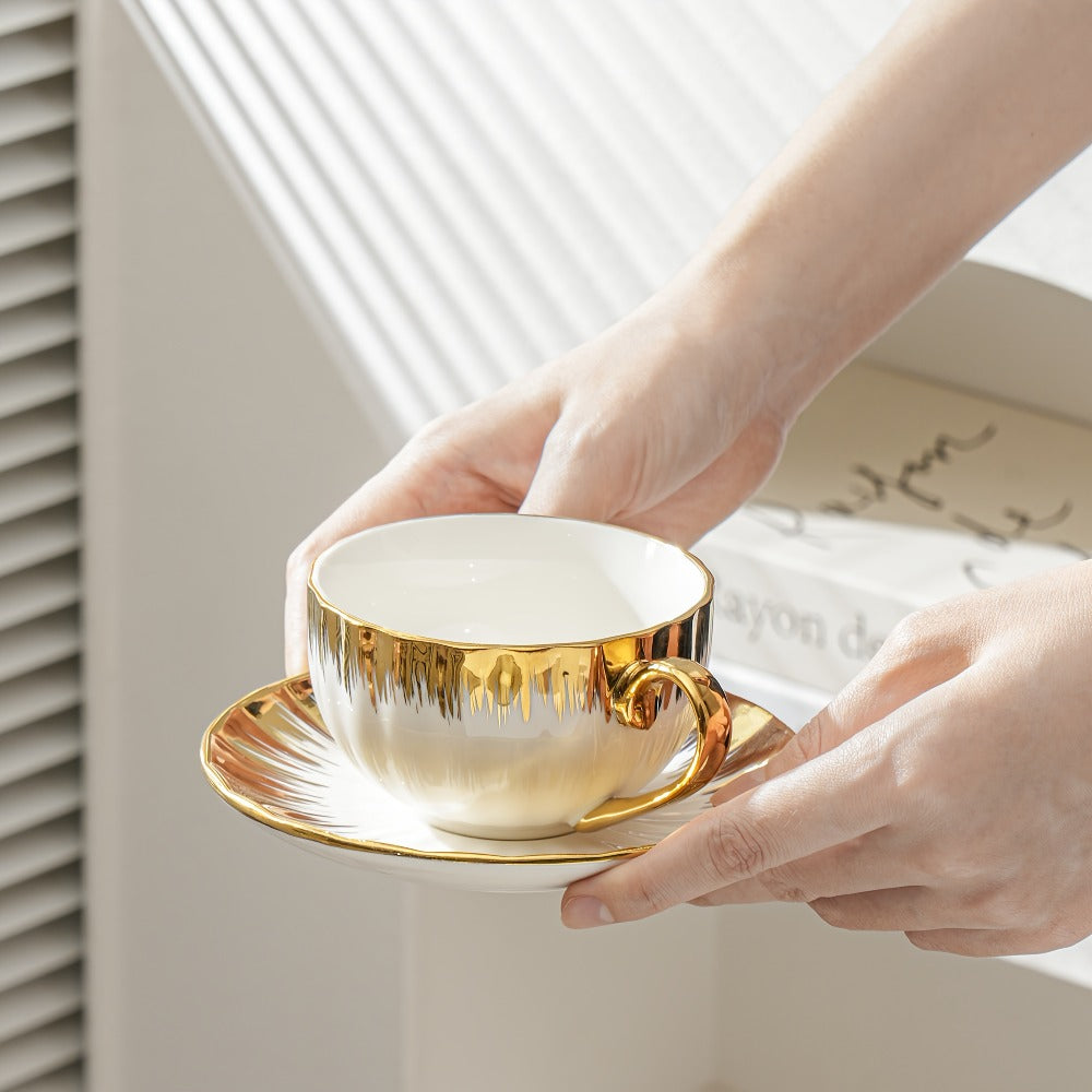 European Ceramic Coffee Cup and Saucer Set of 6 ¨C Light Luxury 8.45oz Porcelain Tea Cups with Plates | Elegant Floral Dinnerware for Wedding Mother's Day Holiday Gift