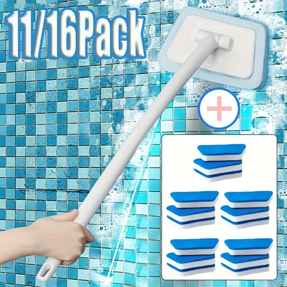 Shower Cleaning Brush Set with Replaceable Heads - Bathtub Scrubber, Wall Tile Brush, Floor Brush, Window Glass Cleaner, Detachable Long Handle Bathroom Cleaning Kit, 11pc or 16pc Options