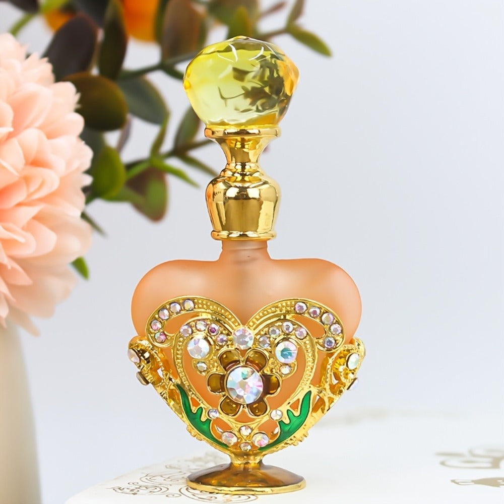 Refillable Perfume Bottle 10ml Vintage Glass Travel Atomizer Essential Oil Dispenser Portable Mini Spray Bottle Enamel Peach Heart Design Gift for Women