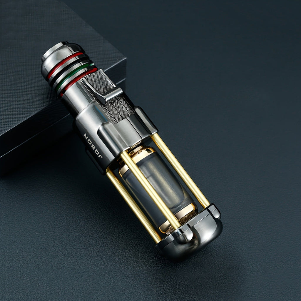 Butane Torch Lighter Windproof Jet Flame Zinc Alloy Refillable ¨C Visible Fuel Tank, Adjustable Blue Flame, Rocket Design for Camping, BBQ, Cigar & Outdoor Use, Grey & Golden (No Butane Included)