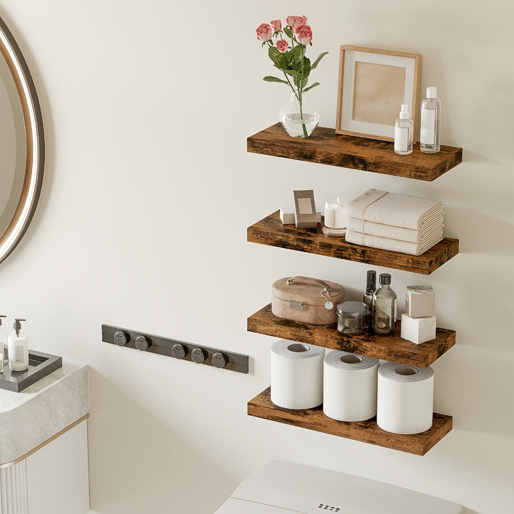 Floating Wall Shelves Set of 4, Retro Style Wall Mounted Shelves with Invisible Brackets for Bathroom Living Room Bedroom Kitchen, Brown Black White Gray Home Decor Display
