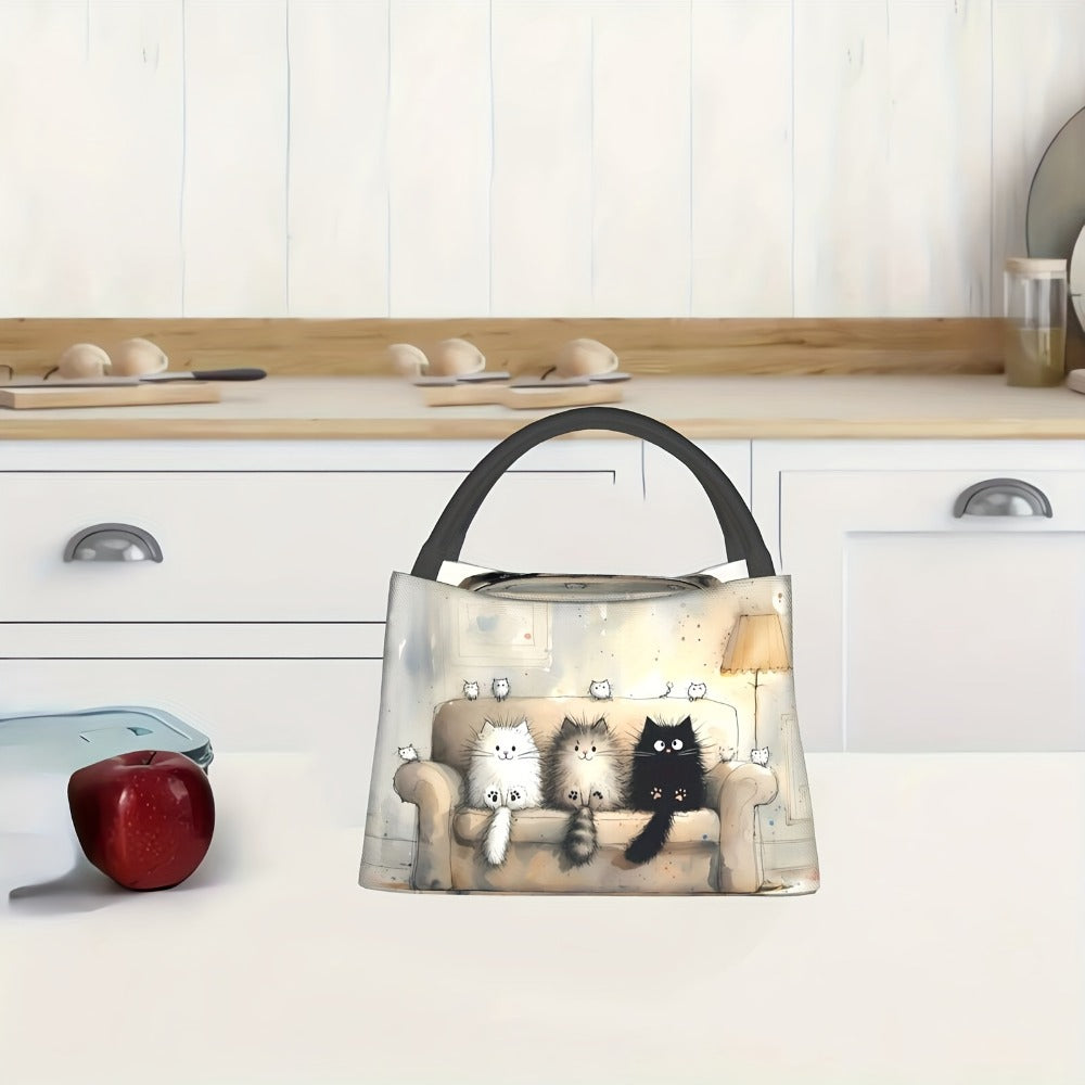 Insulated Lunch Bag with Cat Design - Reusable Polyester Lunch Tote for Women, Portable Cooler Bag for Work, Picnic, Hiking & Beach, Easy to Clean, Animal Print