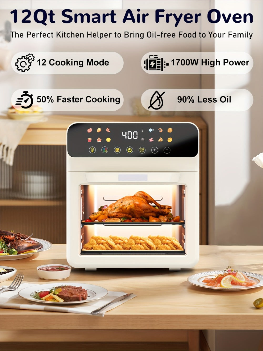 Air Fryer Oven 12-in-1 Large 12-Quart Smart Countertop Oven with 12 One-Touch Preset Functions, Smart Cook Program, Viewing Window, Interior Light, Adjustable Time & Temp, Oil-Free Family Cooker