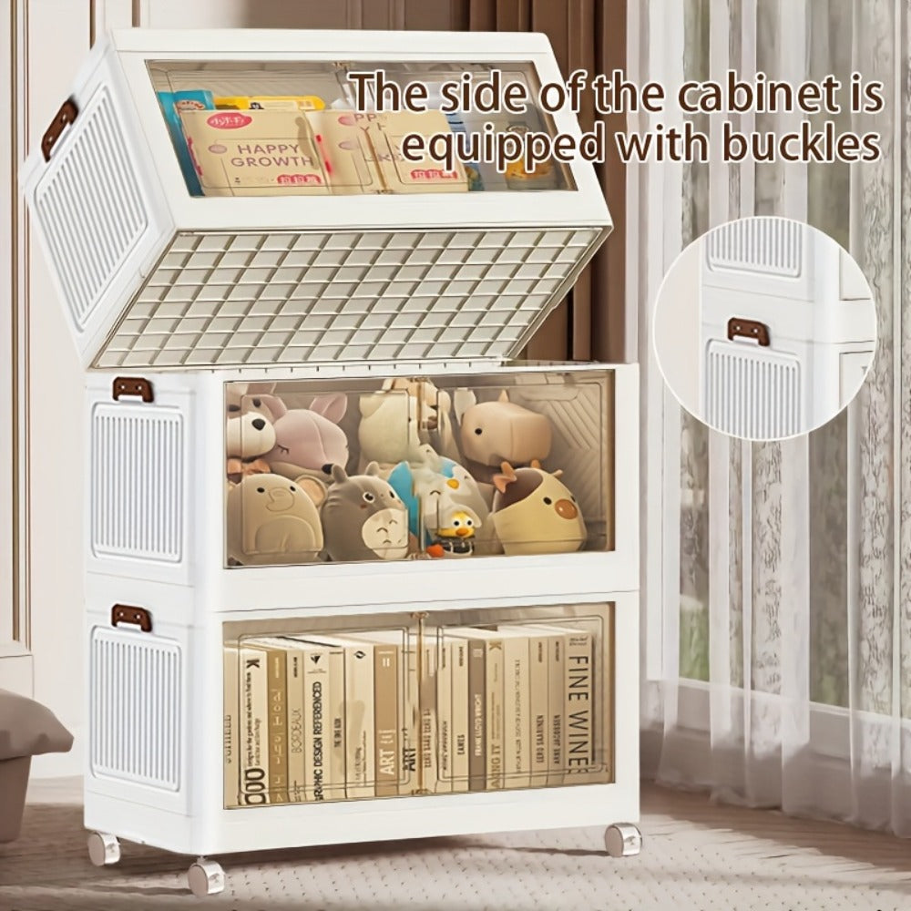 Stackable Storage Cabinet with Doors and Wheels | Collapsible Plastic Locker 1-5 Layers Large Capacity Home Organization for Bedroom Living Room Kitchen Easy Assembly Space Saving