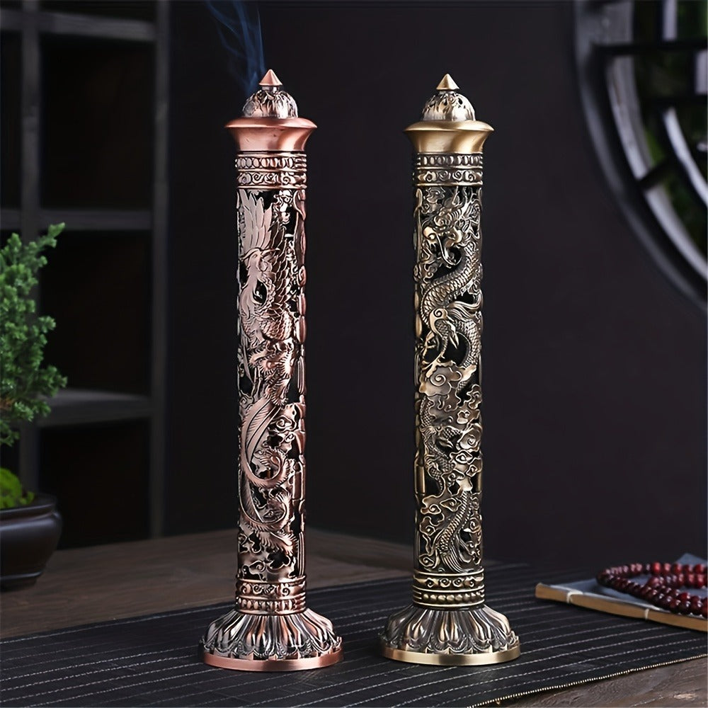 Incense Stick Holder Metal Retro Vertical Design, Dragon & Phoenix Heart Sutra Motif Brass Incense Burner Stand, Home Office Altar Meditation Ceremony Decoration Gift
