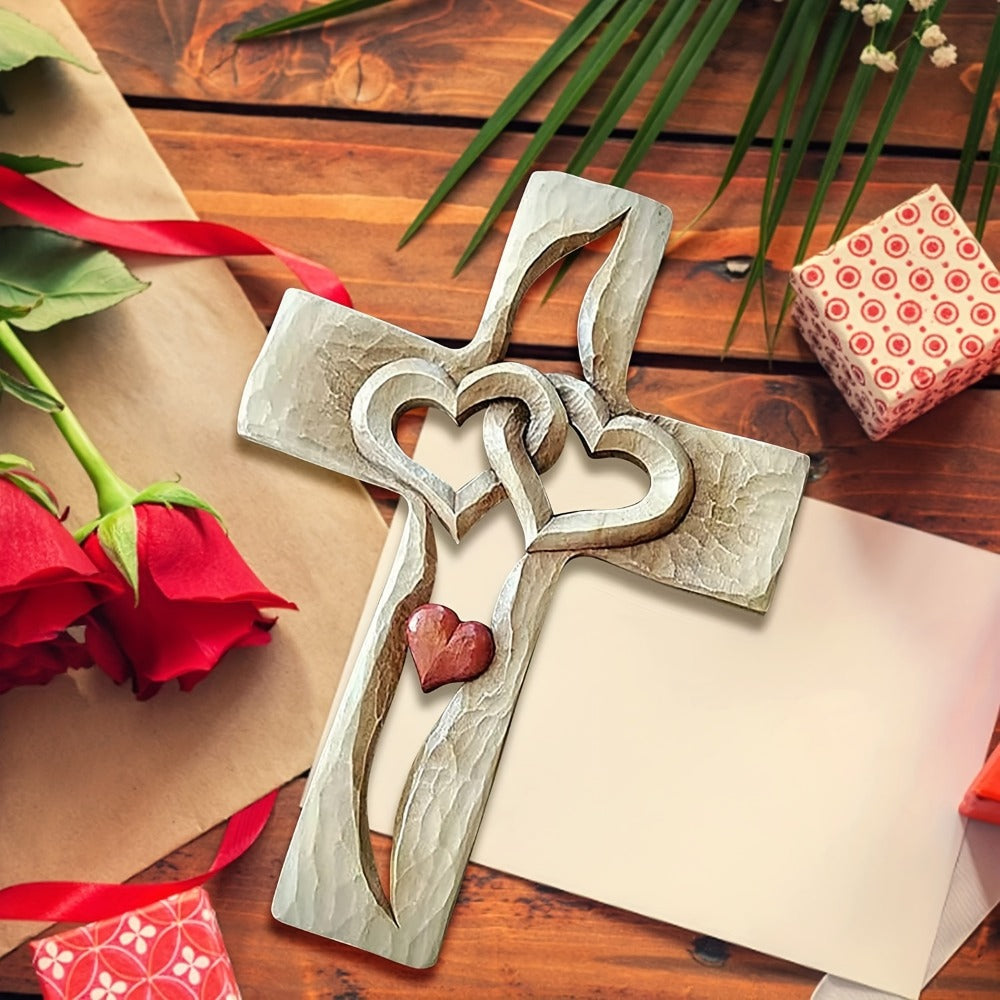 Cross Wall Decor Resin Handcrafted Hearts Intertwined Love Cross, Decorative Wall Cross for Living Room Bedroom Home Decor, Christian Religious Gift for Easter Christmas Housewarming