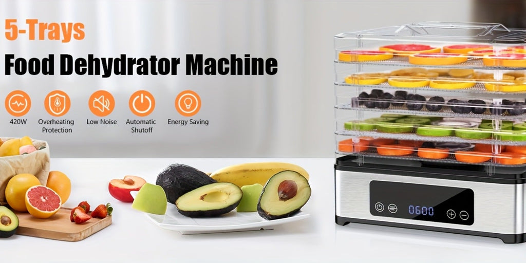 Food Dehydrator Machine 5 Stainless Steel Trays 420W with 48-Hour Timer Temperature Control 95-160¡ãF 360¡ã Airflow BPA-Free Dehydrator for Jerky Herbs Meat Fruit Mushrooms with Recipe Book