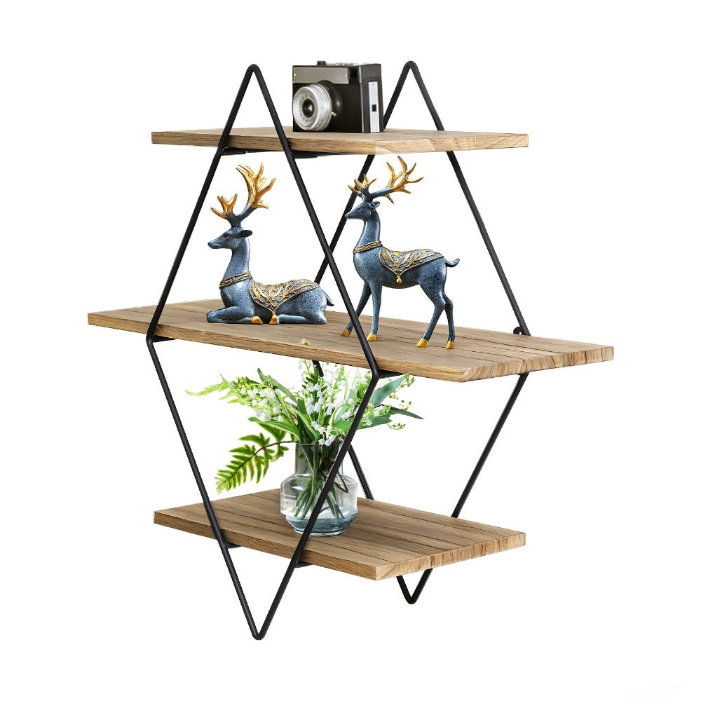 Geometric Diamond Wall Shelf 3-Tier Metal Wire & Wood Floating Shelves | Industrial Style Display Shelf for Living Room Kitchen Bedroom
