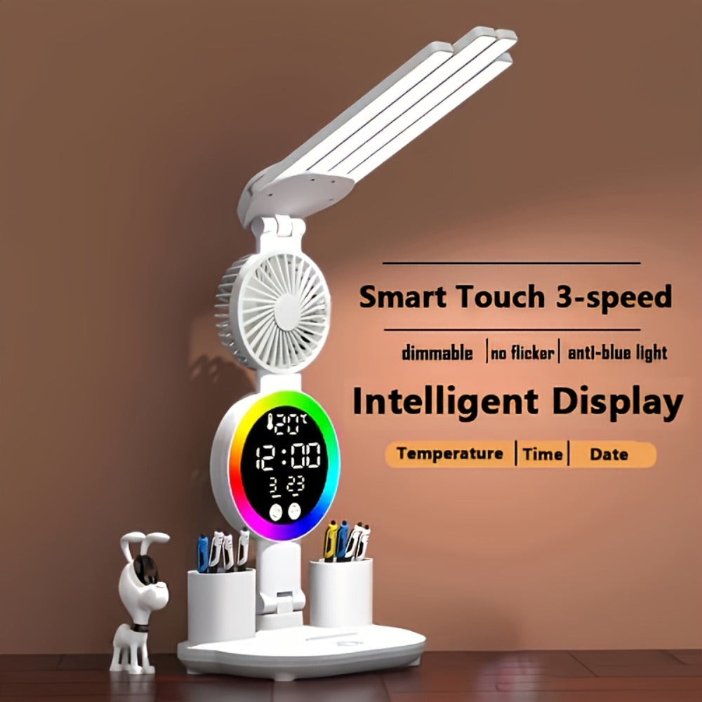 LED Desk Lamp with USB Touch Control Adjustable Brightness Color Changing Built-In Fan Night Light Eye-Caring for Home Office Dorm Study Multi-Angle