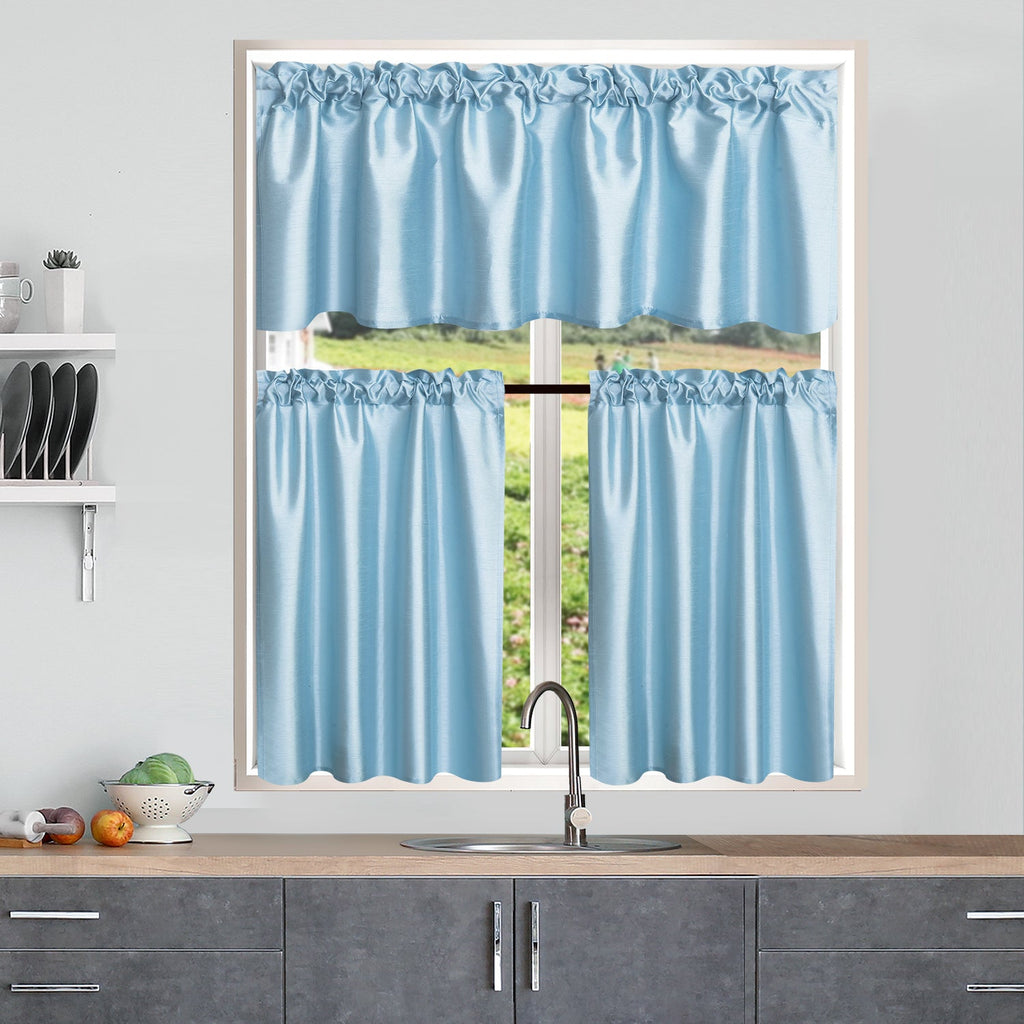 Kitchen Curtains 3 Panels Faux Silk Sheer Tier and Valance Set Rod Pocket 2 Tiers 26x36 inch + Valance 52x14 inch for Kitchen Bathroom Window Drapes