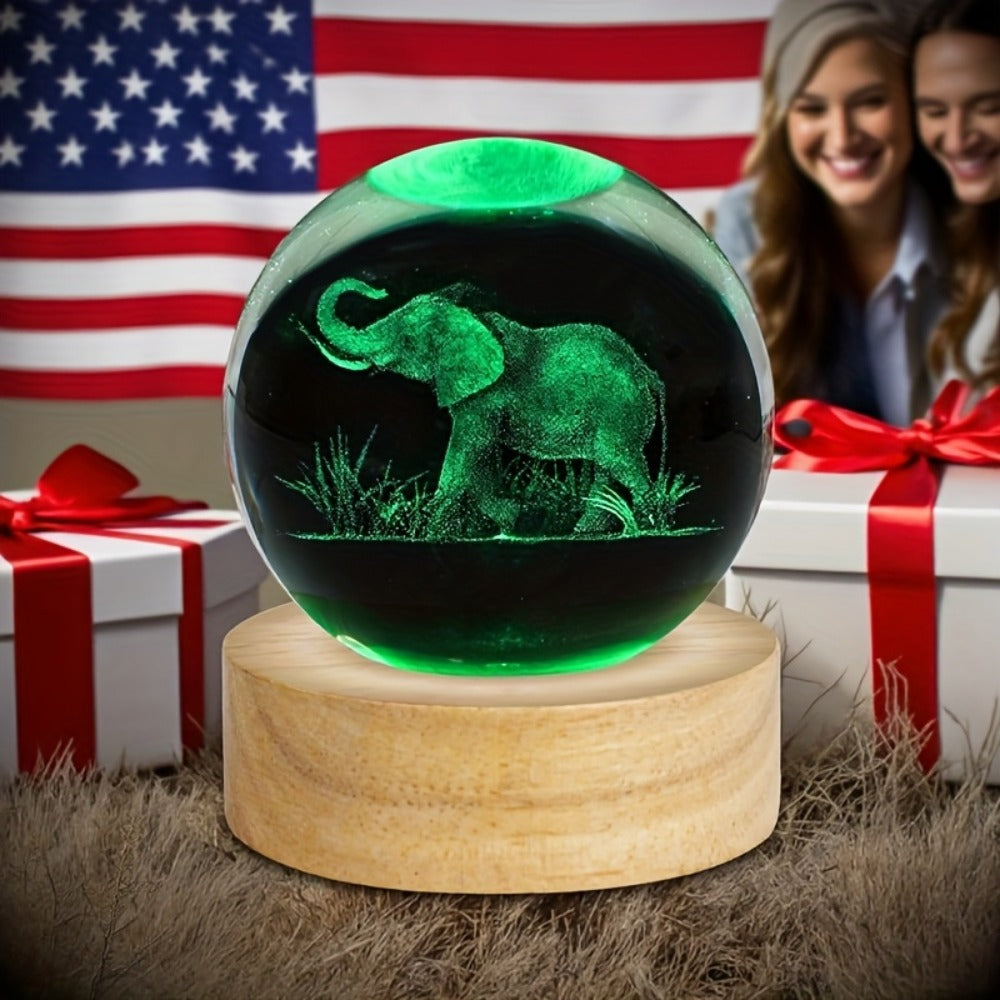 3D Elephant Crystal Ball LED Lamp USB Powered Colorful Night Light Wooden Base Elephant Figurine Tabletop Decor Gift for Women Mom Wife Girlfriend Birthday Valentine Anniversary