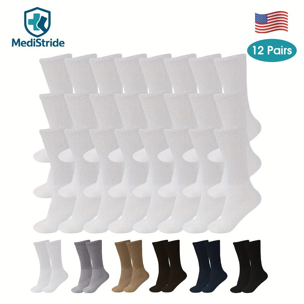 Cotton Diabetic Crew Socks 12 Pairs Non-Binding Neuropathy Loose Fit Seamless Cushioned Full Length for Men Women Edema Sensitive Feet White Black Brown Khaki Navy Grey