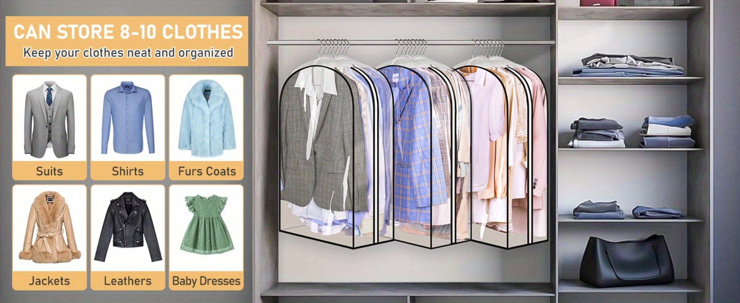 Garment Bags for Hanging Clothes, 3-Pack Transparent Suit Bags with Zipper, Heavy Duty EVA Coat Covers for Wardrobe Closet Storage, Fits 32 40 50 60 Inch Dresses Shirts Coats