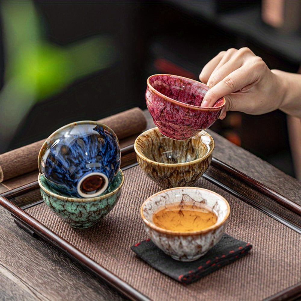 Jianzhan Ceramic Tea Cups Set of 5 ¨C Handmade Kiln-Changed Glazed Kung Fu Teacups, Traditional Chinese Porcelain, Unique Gift for Home Office Business
