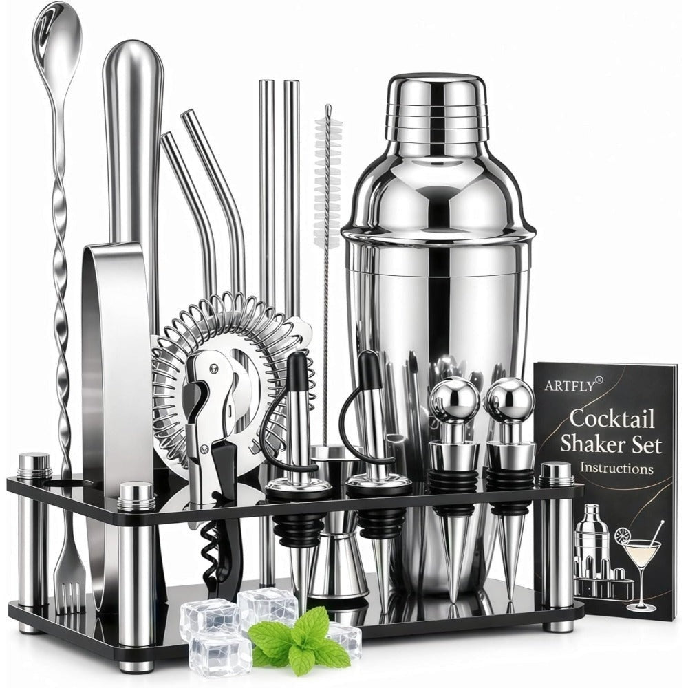 Bartender Kit 18-Piece with Acrylic Stand, 18/8 Stainless Steel Bar Set, Martini Shaker, Jigger, Muddler & Recipe Book ¨C Complete Home Bar Tool Set