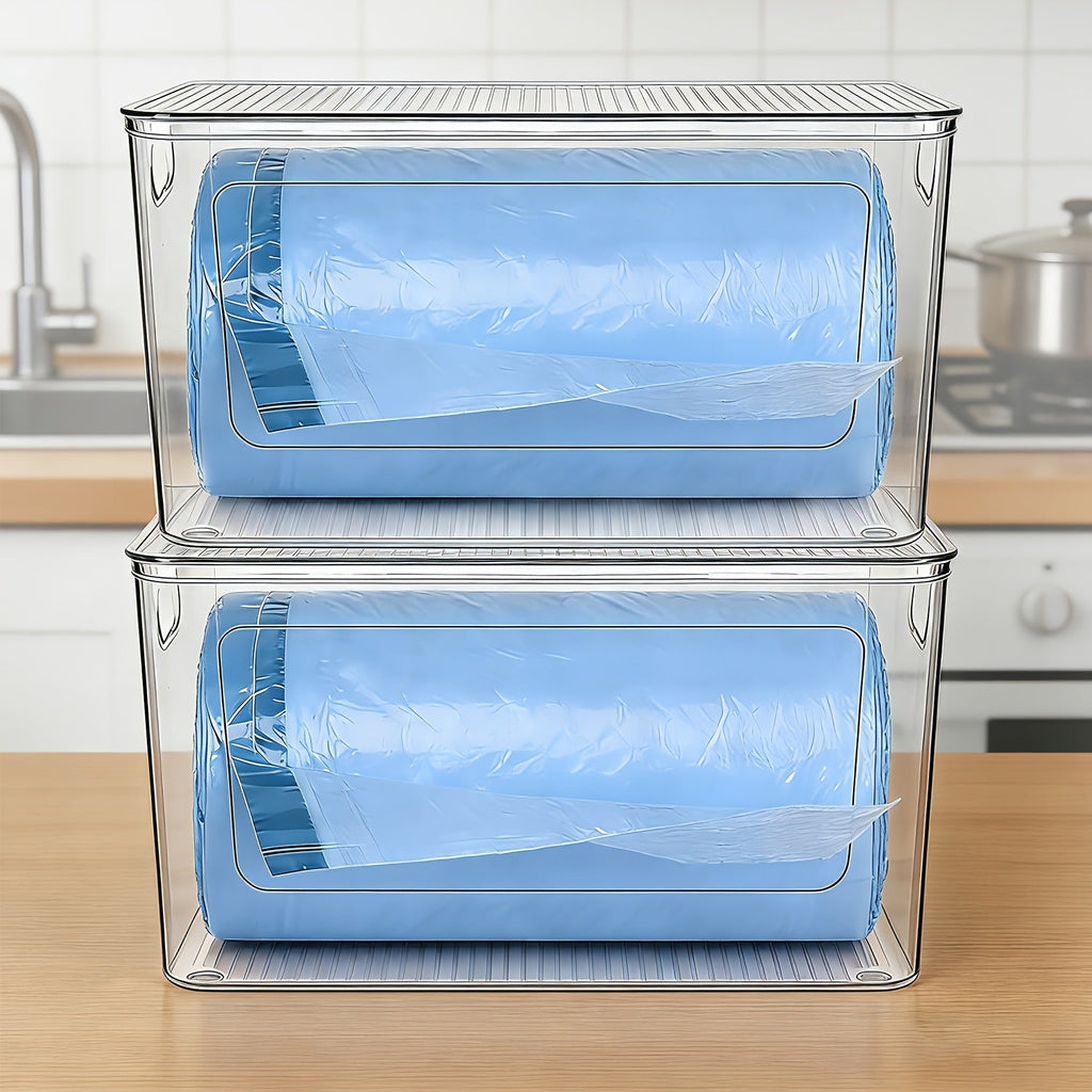 Trash Bag Dispenser 2 Pack ¨C Clear Stackable Garbage Bag Holder for 13/30/33 Gallon Bags, Under Sink Organizer, Locking Lid, Anti-Slip, Kitchen Pantry Laundry Room Cabinet Storage
