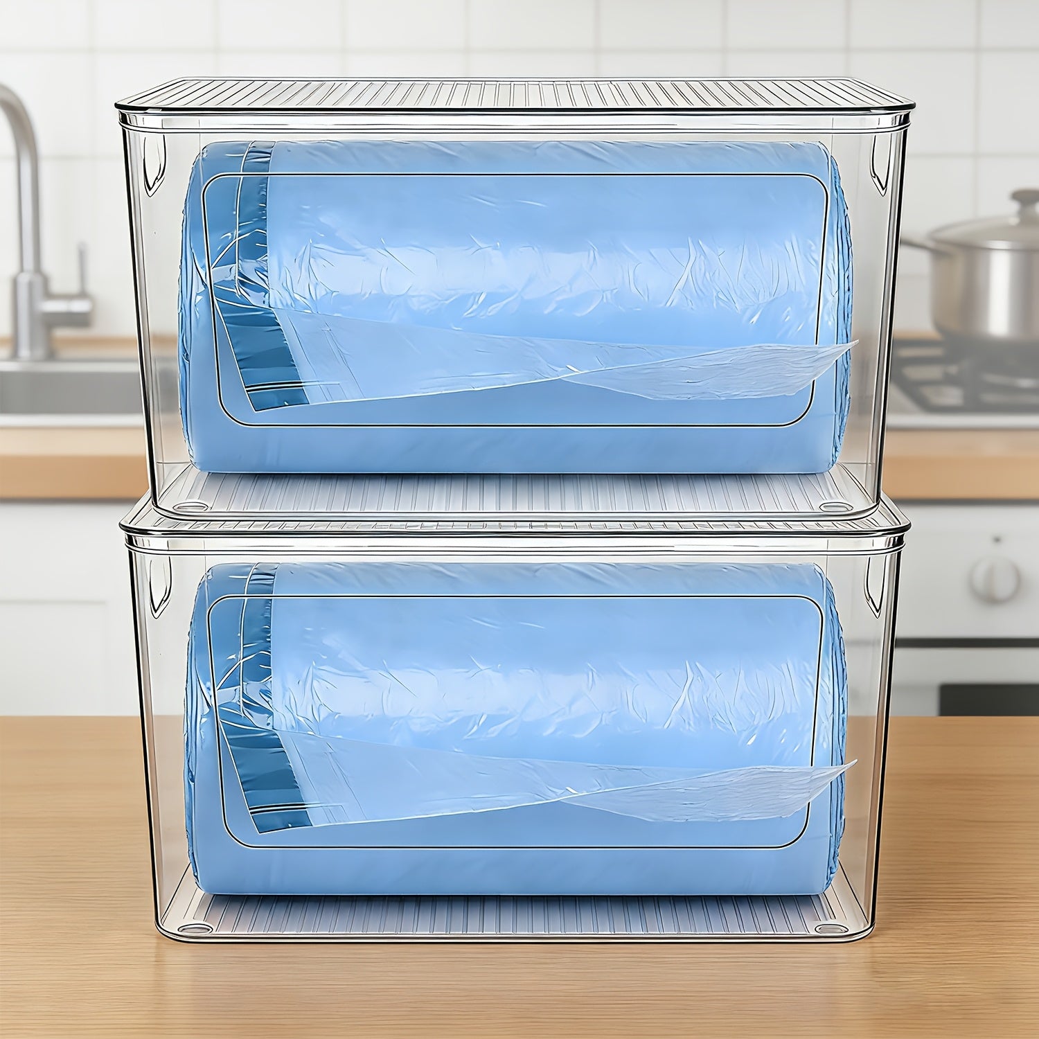 Trash Bag Dispenser 2 Pack ¨C Clear Stackable Garbage Bag Holder for 13/30/33 Gallon Bags, Under Sink Organizer, Locking Lid, Anti-Slip, Kitchen Pantry Laundry Room Cabinet Storage