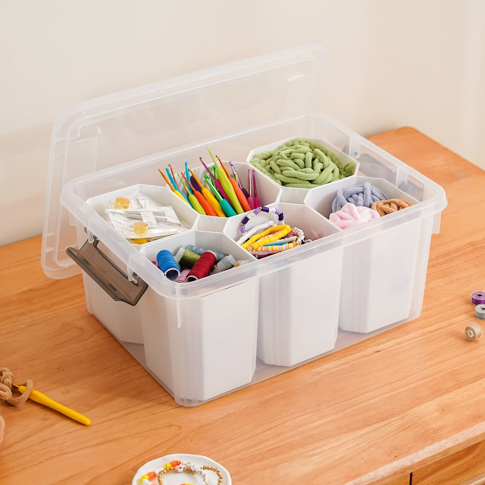 Clear Storage Box with Lid 17Qt 6 Divider Inserts Stackable Desktop Organizer for Craft Jewelry Stationery Tools Office Home