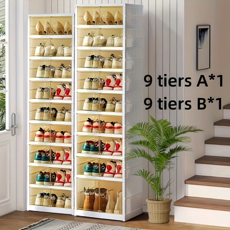 Shoe Rack Organizer 9-Tier, Collapsible Clear Plastic Foldable Stackable Shoe Cabinet with Shelves & Doors ¡ª No Assembly, Space-Saving Narrow Storage for Hallway, Apartment & Small Spaces