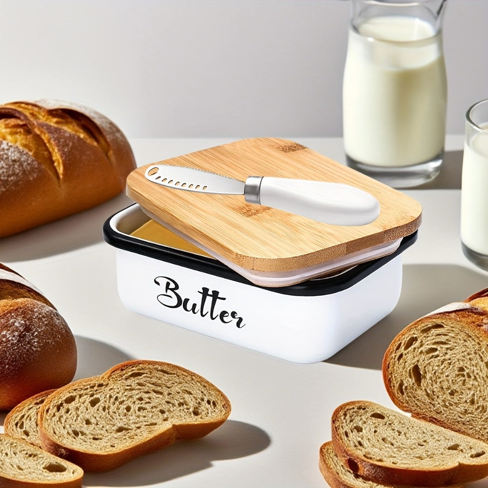 Butter Dish with Bamboo Lid & Knife, Iron Airtight Butter Keeper & Cheese Storage Box ¡ª Large Capacity Kitchen Counter Butter Container | Holiday Gift | Black, Gray, Green