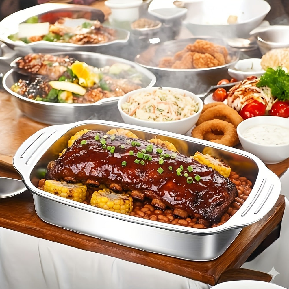 Stainless Steel Deep Baking Tray with Lid 4-Piece Set, 1.59 Gallon Rectangular Roasting Pan with Handle Lids, 16-Inch Dishwasher Safe Deep Tray for Fish BBQ Spaghetti, 2 Trays + 2 Lids