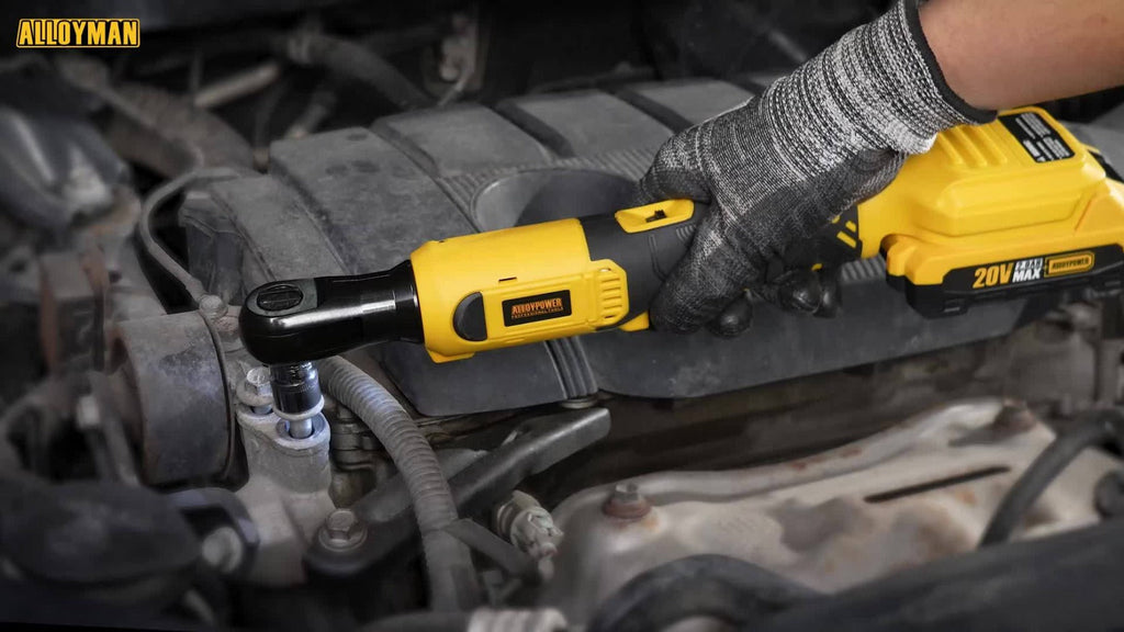 Cordless Ratchet Wrench Set 3/8 Inch 60FT-LBS 80Nm Electric Ratchet 2x20V Rechargeable Variable Speed LED Light 6 Sockets 1/4 Adapter 3 Inch Extension Rod Yellow