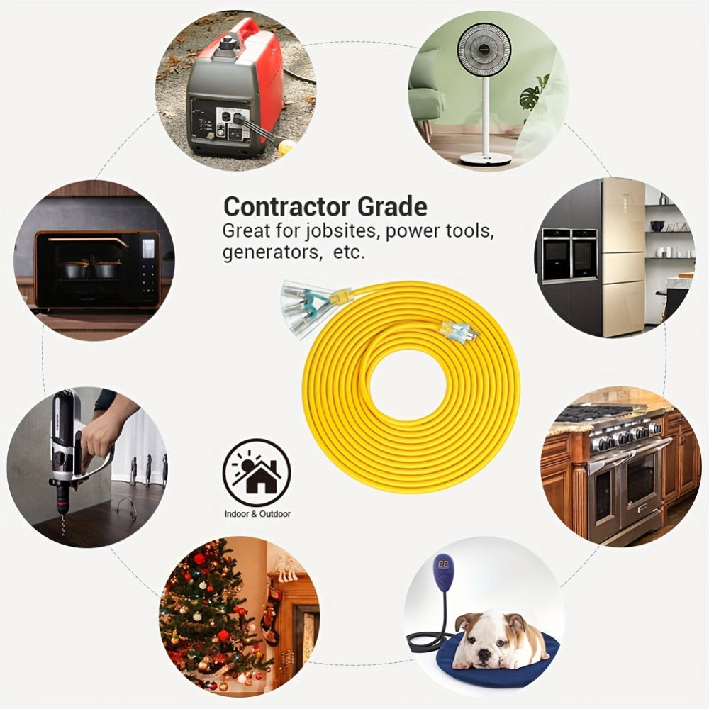 Extension Cord 25FT Heavy Duty Outdoor Indoor 14/3 SJTW Yellow 3-Outlet Tri-Tap Splitter with LED Lighted Plug 15A 1875W Grounded Power Cord for Workshop Garage Job Site Construction