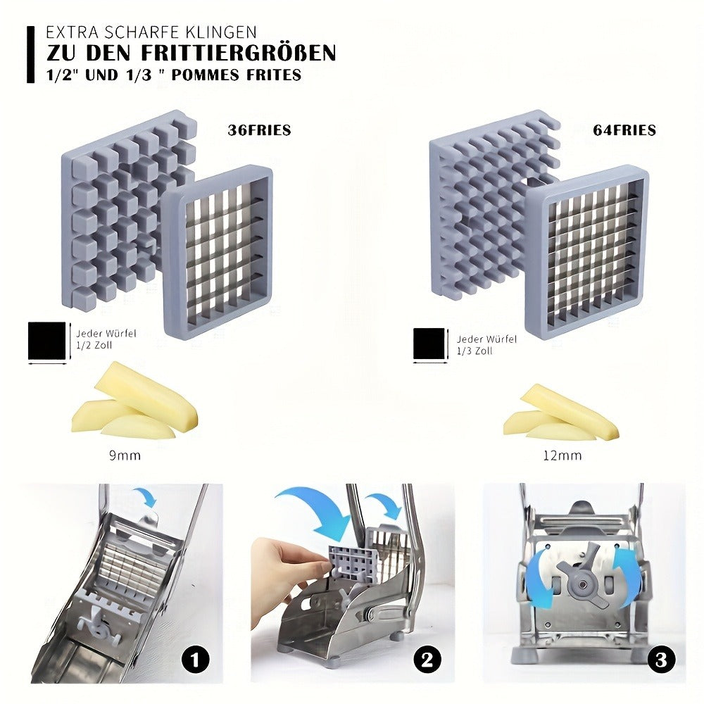 French Fry Cutter ¨C Stainless Steel Vegetable & Potato Slicer, Multi-Function Food Chopper for Potato, Carrot, Cucumber & Onion, with Storage Box